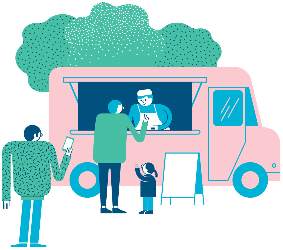 Illustration of a food truck for Green City, a real estate development project in Zürich, Switzerland. 