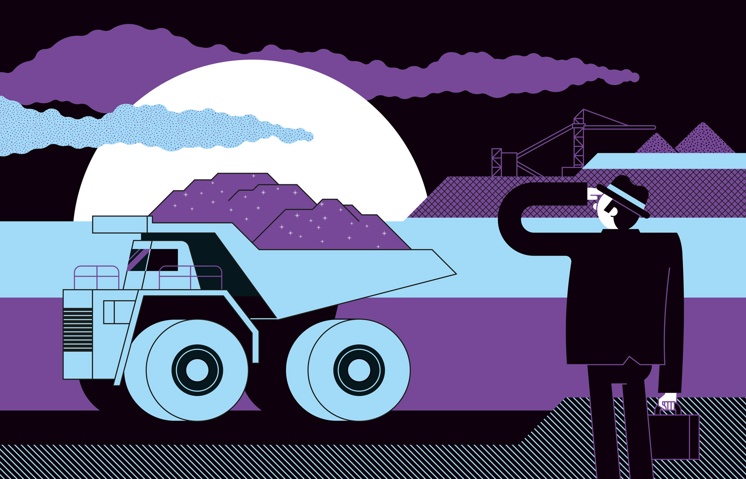 Illustration of business executive overlooking a surface coal mine in West Virginia with Mining truck.