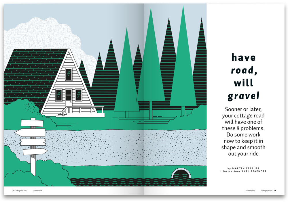 illustration of A-frame cottage in Canada with trees and gravel road