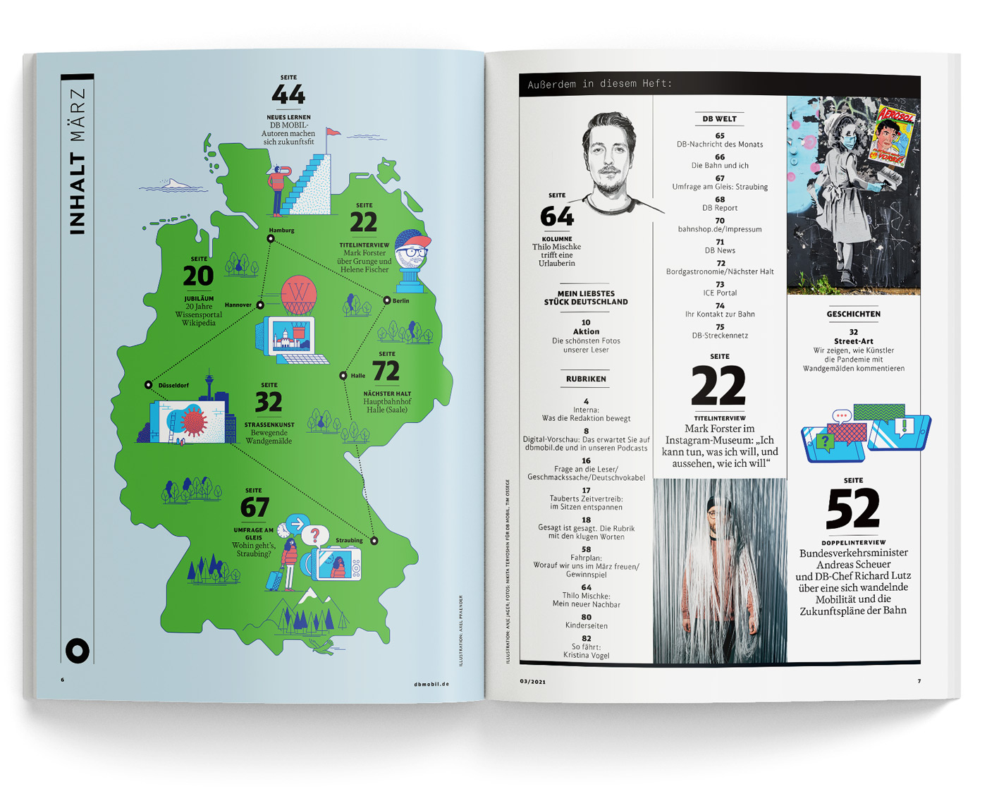 Doppelseite des DB Mobil Magazin 3/2021 mit inhaltsverzeichnis