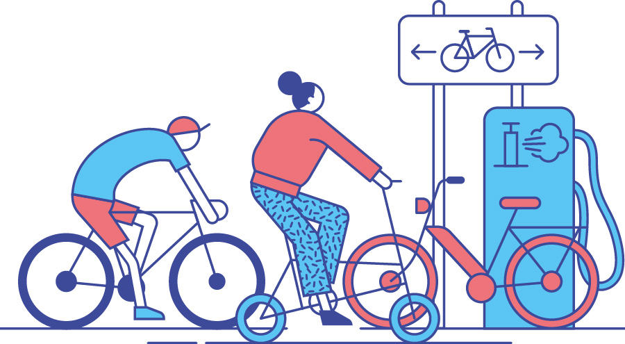 Bicycle scene with woman on bike and man on racing bike and repair station.  Illustration by Axel Pfaender for Deutsche Bahn.