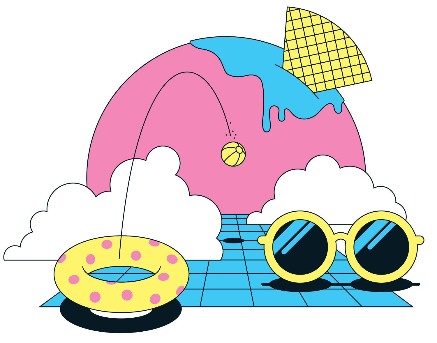 Abstract scene with sunglasses and ice cream in retro style. Illustration by Axel Pfaender for Deutsche Bahn.