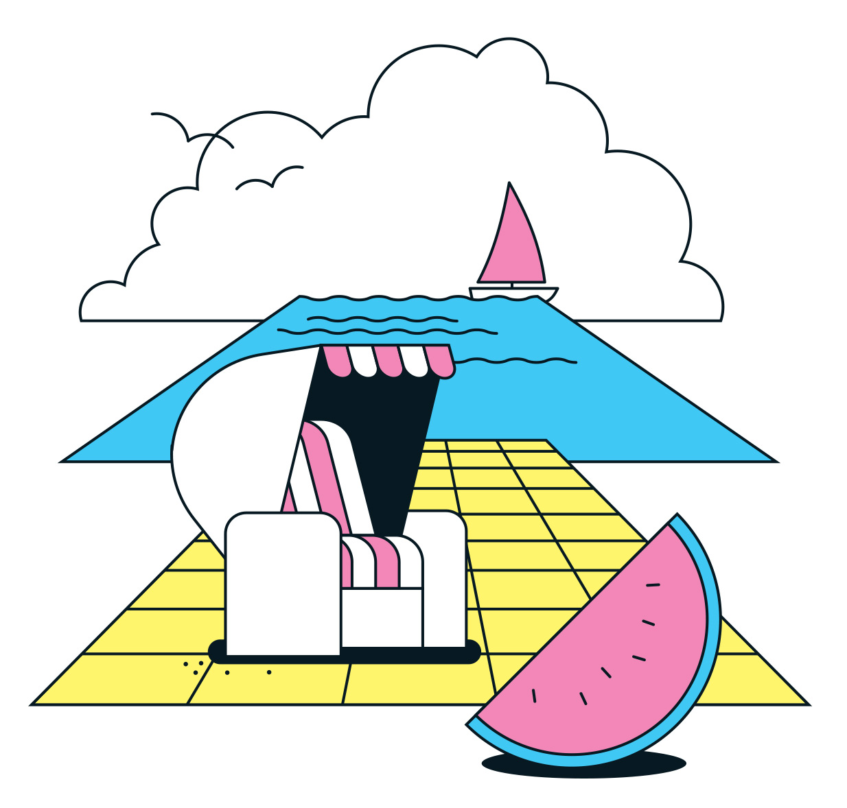 Abstract beach scene with melon and seagulls in retro style. Illustration by Axel Pfaender for Deutsche Bahn.