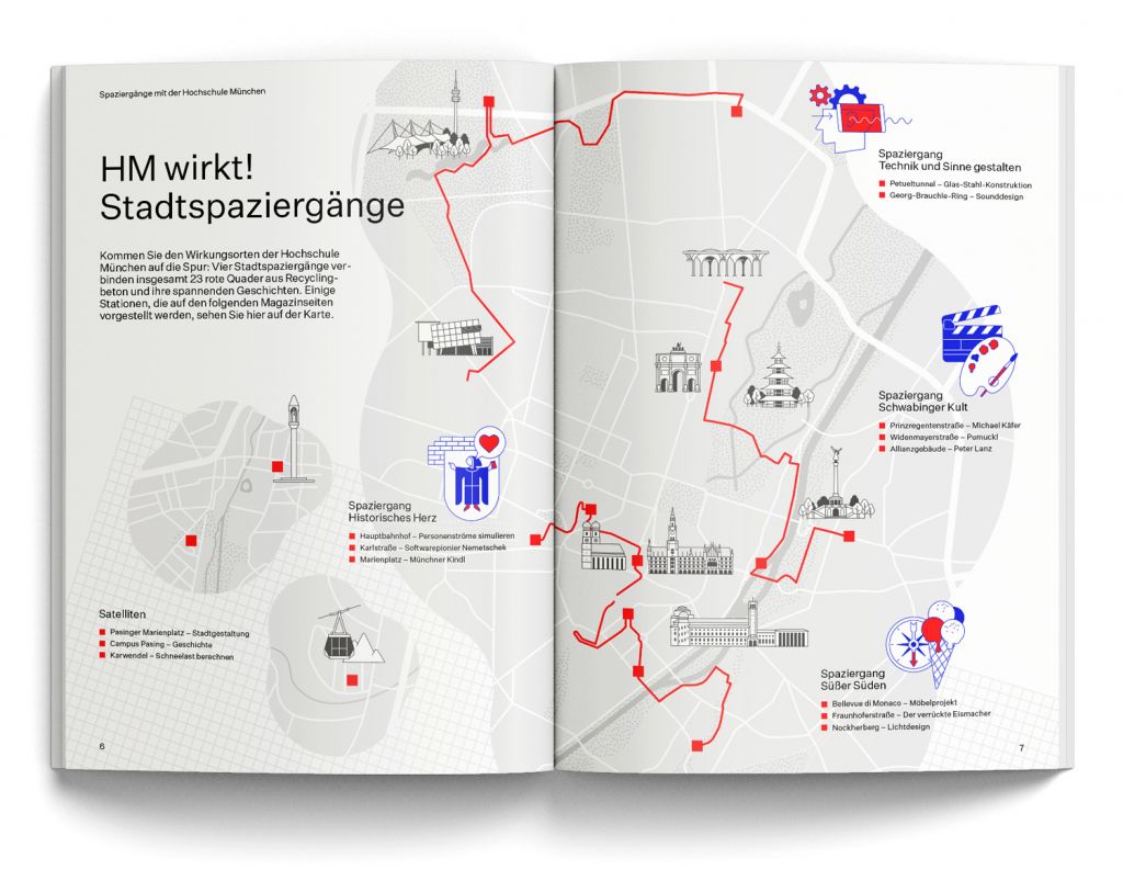 Doppelseite mit Stadtplan von München, illustriert von Axel Pfaender für die Hochschule München. Erscheinen in einer Beilage der Süddeutschen Zeitung. Abgebildet sind Stadtspaziergänge und Sehenswürdigkeiten in München.