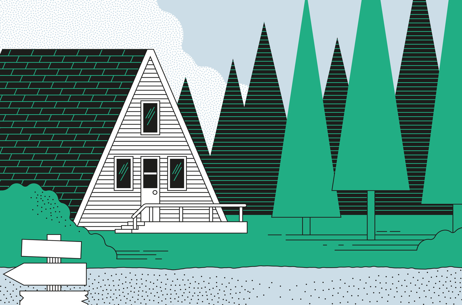 illustration of A-frame cottage in Canada with trees and gravel road