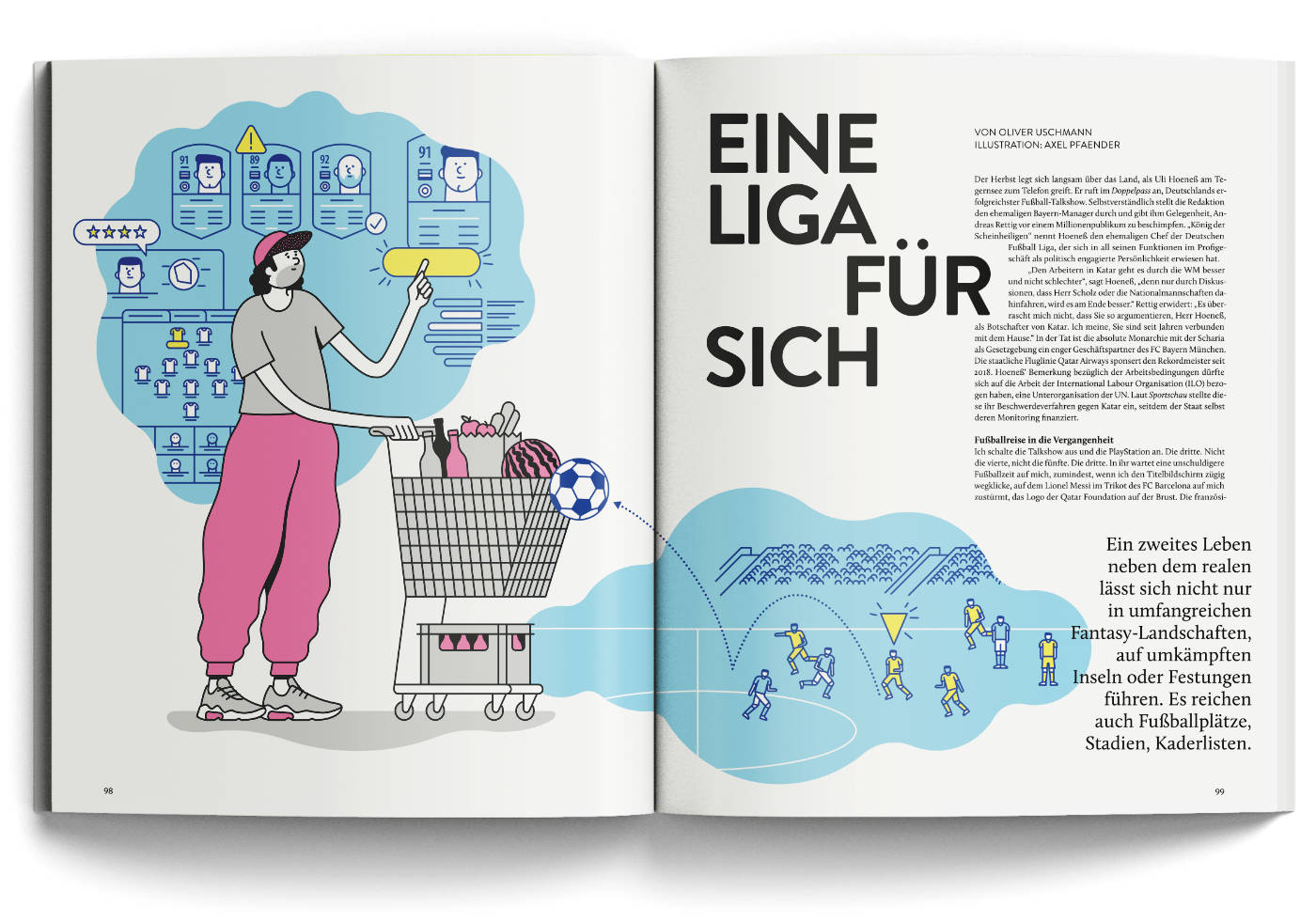 illustration of character with shopping cart. magazine spread.