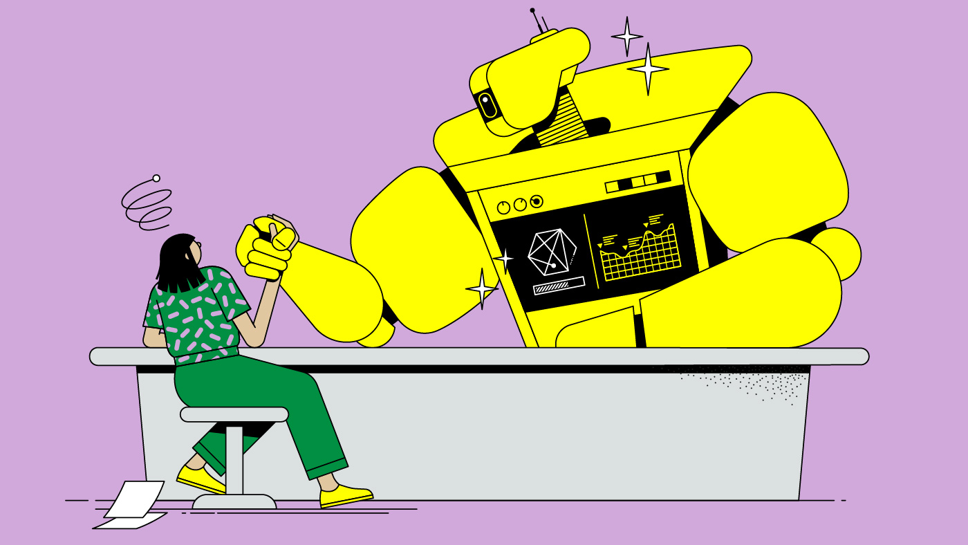 Robot arm-wrestling with a human. Illustration by Axel pfaender for Bloomberg Business Review.