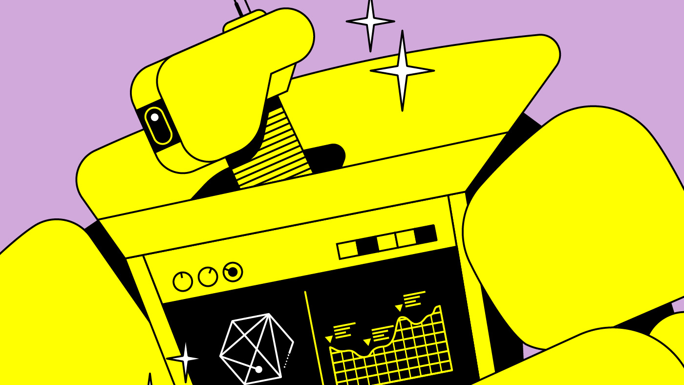 Robot with display, illustration by Axel pfaender for Bloomberg Business Review.