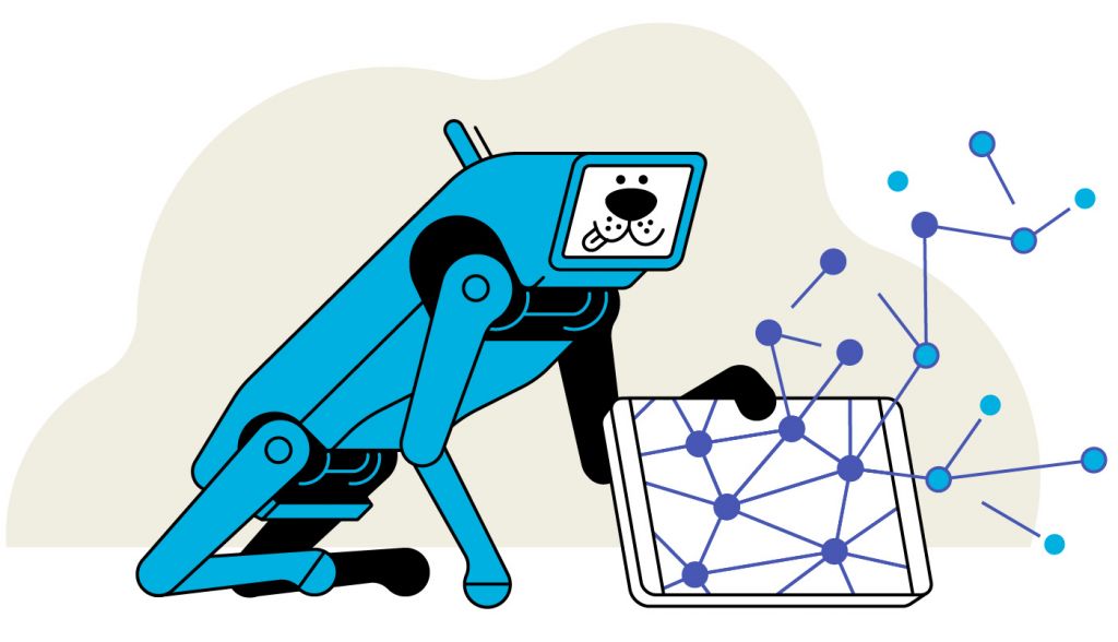 comic version of robot dog spot. Illustration by Axel Pfaender