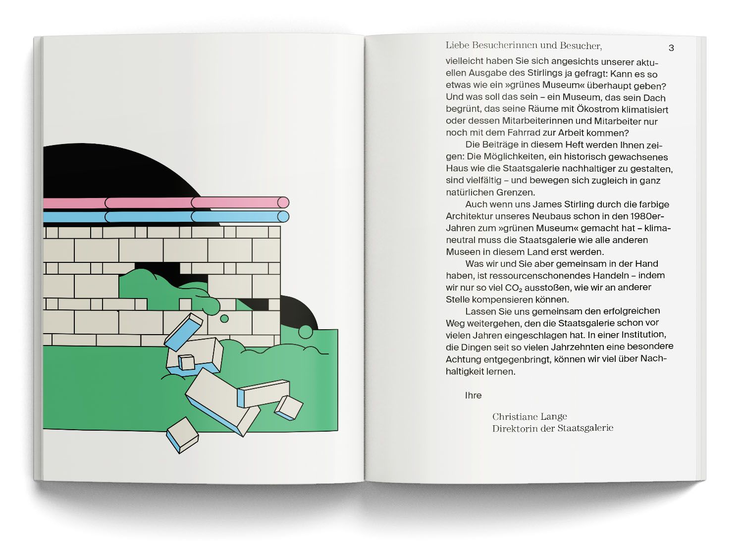 Magazine page with illustration of Staatsgalerie Stuttgart, by James Stirling. Illustration by Axel Pfaender.