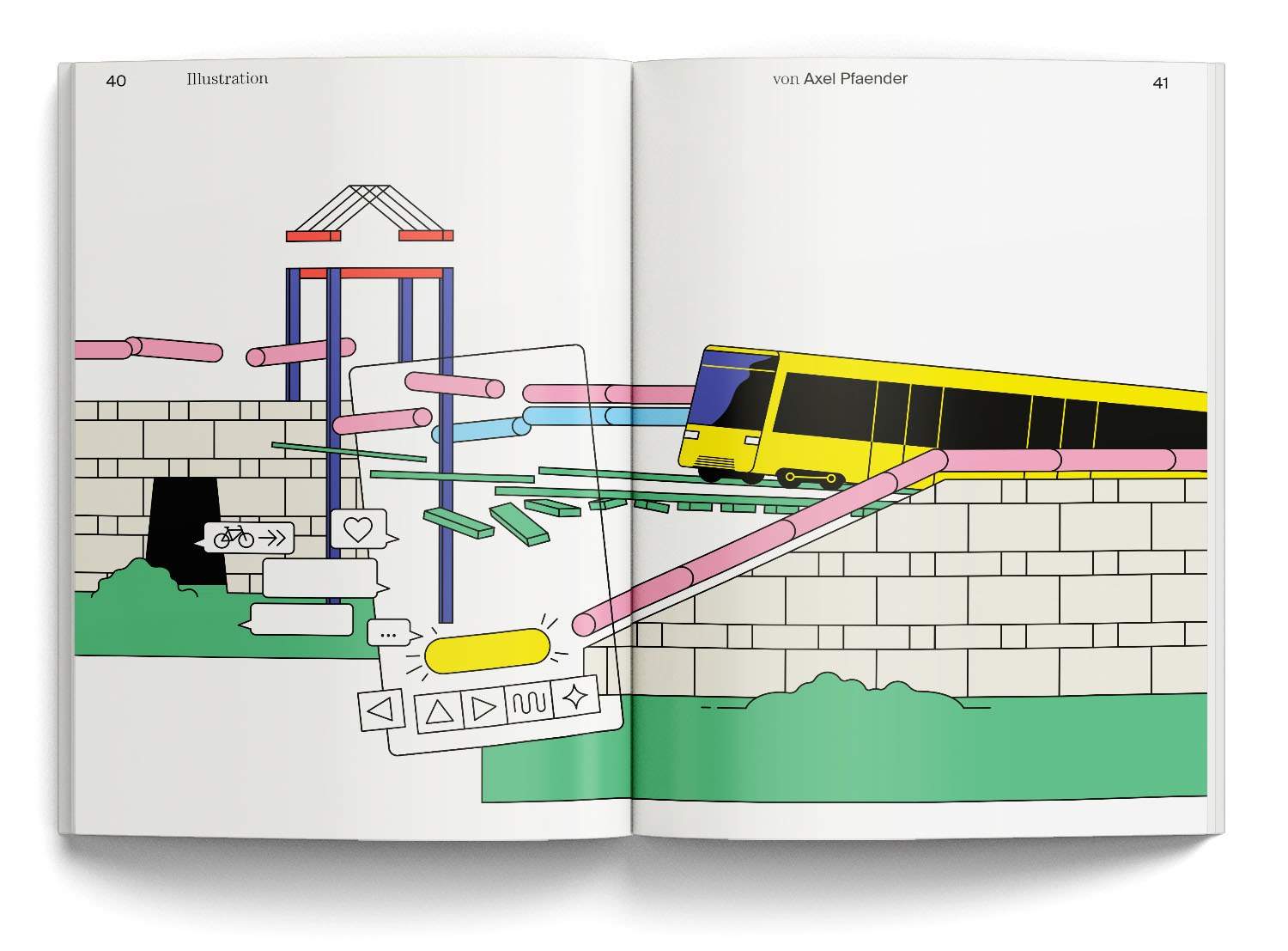 Magazine page with illustration of Staatsgalerie Stuttgart, by James Stirling. Illustration by Axel Pfaender.