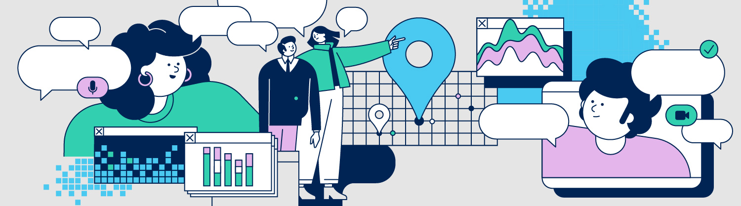 Key Visual für eine Online-Konferenz der Volkswagen Stiftung. Kommunizierende Personen kombiniert mit abstrahierten wissenschaftlichen Symbolen. Kreiert von Illustrator Axel Pfaender aus Stuttgart.