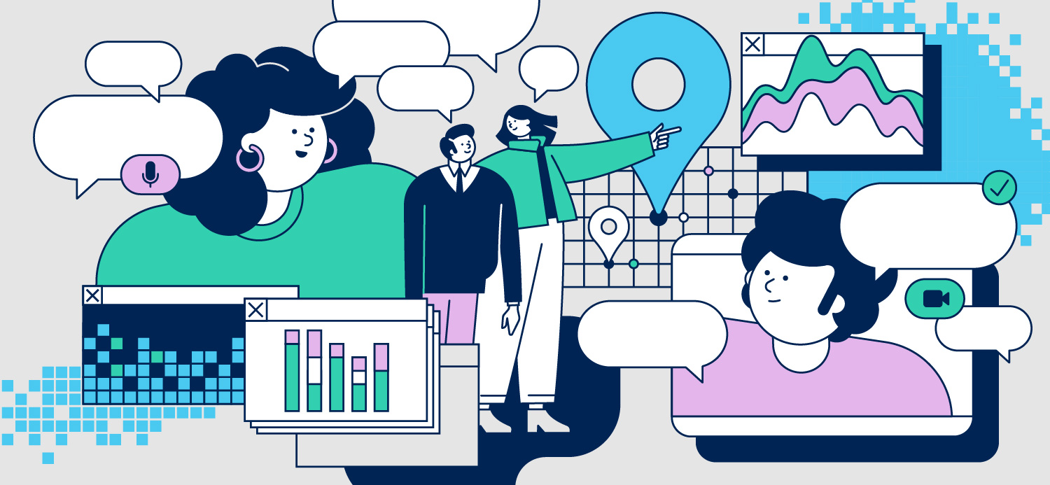 Alternatives Format des Key Visual für die Volkswagen Stiftung. Kommunizierende Personen kombiniert mit abstrahierten wissenschaftlichen Symbolen. Kreiert von Illustrator Axel Pfaender aus Stuttgart.