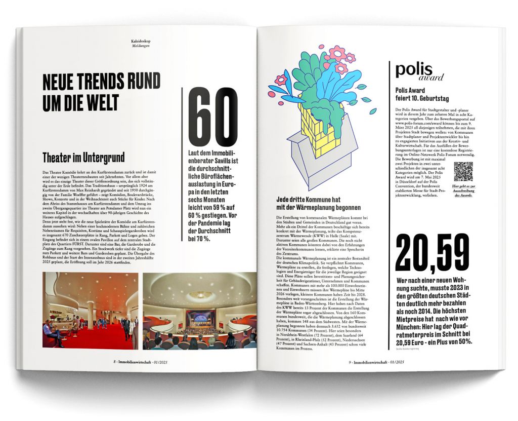 Doppelseite des Immobilienwirtschaft-Magazin mit Illustration von Axel Pfaender, Illustrator aus Stuttgart.